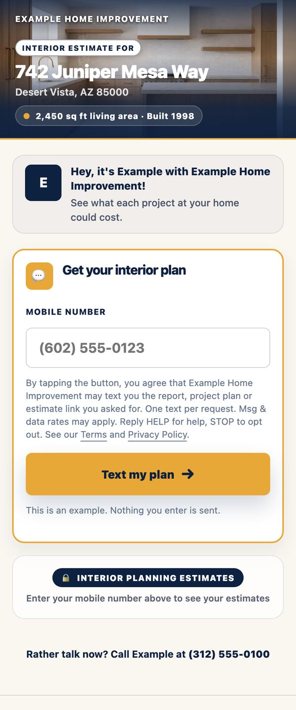 The first screen after a scan: the homeowner's address and a box for their mobile number
